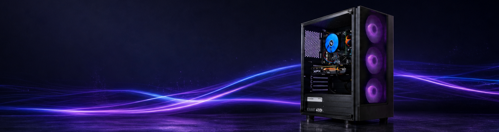 Fusion black gaming PC with purple RGB fans glowing on a dark banner background
