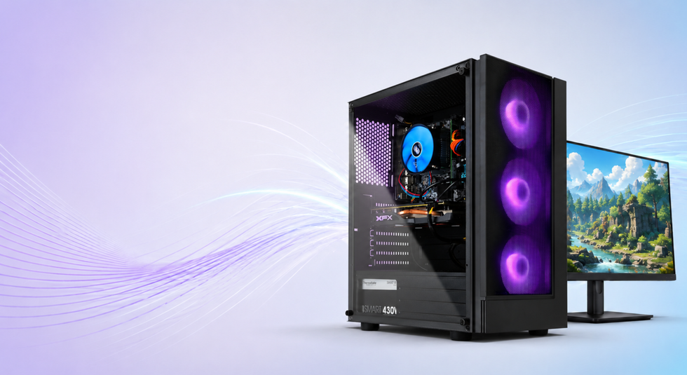 Blackout Fusion black gaming PC tower with purple RGB fans beside a monitor running a game