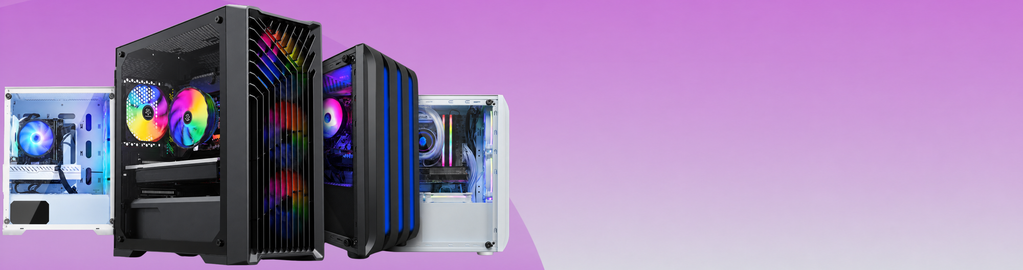 Lineup of black and white Blackout Computers gaming PCs highlighting hand-assembled build quality