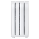 Front view of a white gaming PC case with vertical ventilation slots