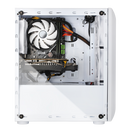 Open side view of a white gaming PC case with cooling fan and components