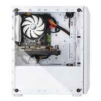 Open side view of a white gaming PC case with cooling fan and components