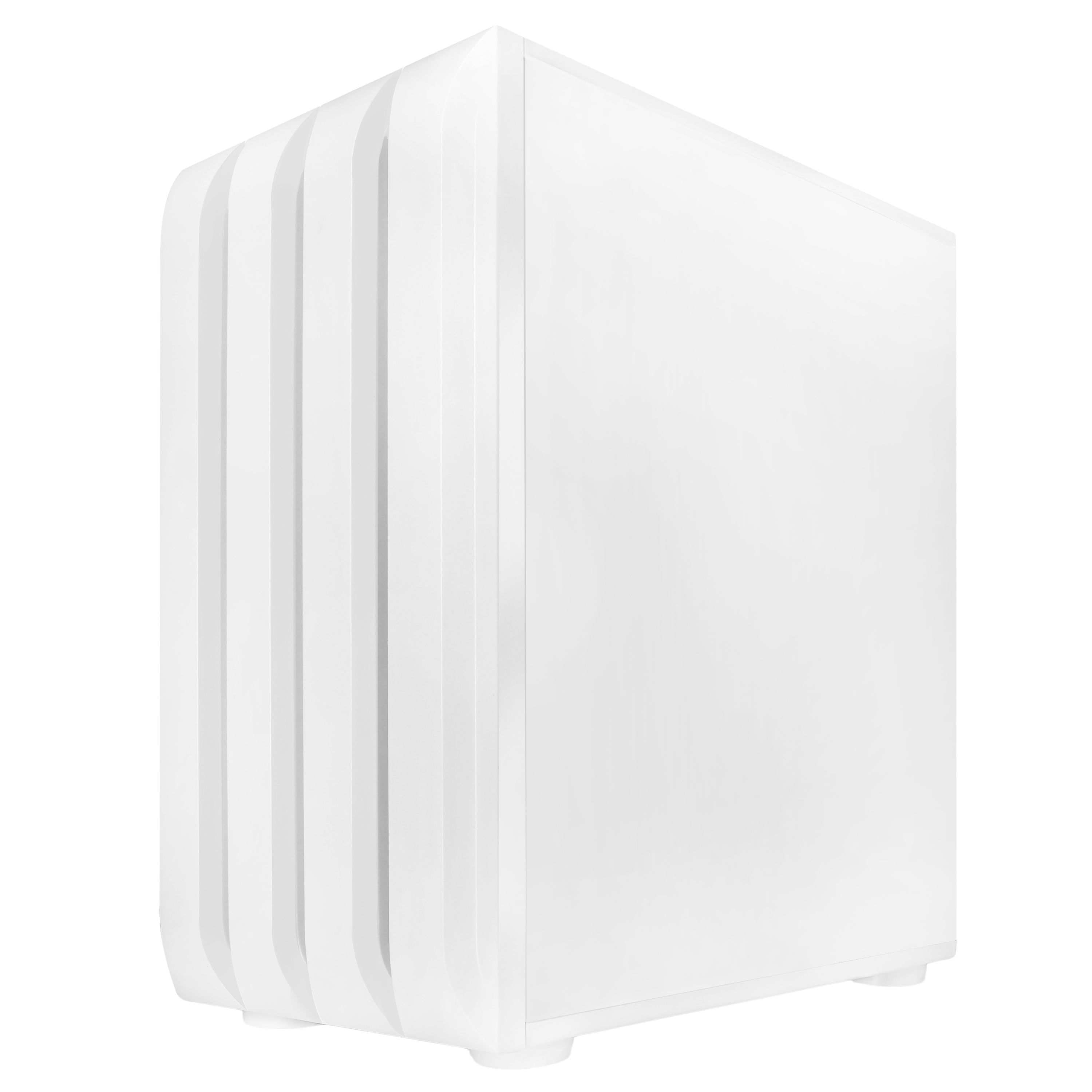 Rear view of a sleek white gaming PC case