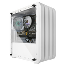 Inside view of a white gaming PC case with RGB cooling fans and components