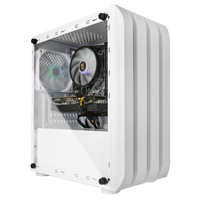 Inside view of a white gaming PC case with RGB cooling fans and components