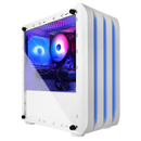 White gaming PC case with RGB fans and blue LED lights