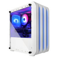 White gaming PC case with RGB fans and blue LED lights