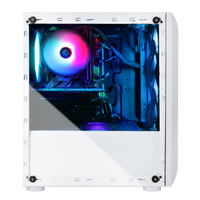 Side view of a white gaming PC case with RGB cooling fan and components