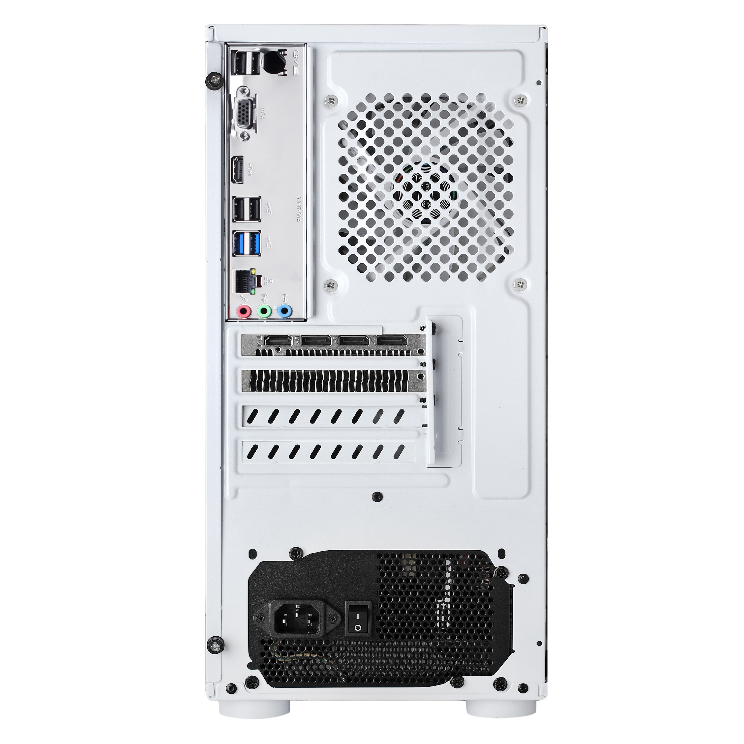 Rear panel ports of a white gaming PC case showing various connectivity options