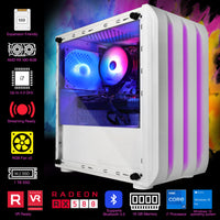 White gaming PC with RGB lights and detailed specs including Intel i7 processor, 16GB memory, and Radeon RX 580