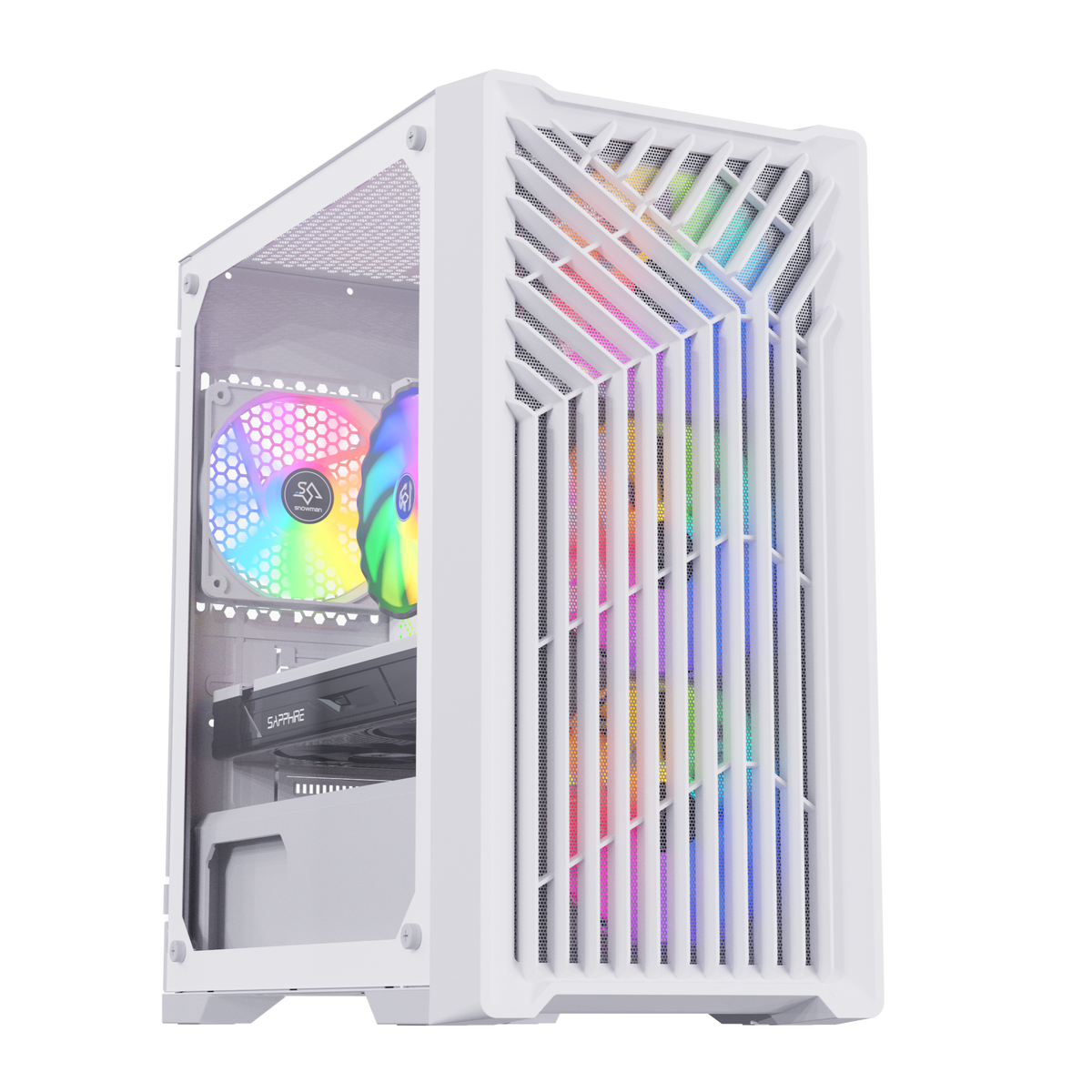 A white gaming PC case with a tempered-glass side panel and rainbow RGB lighting